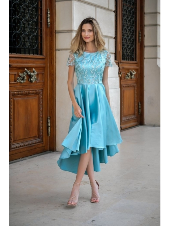 Rochie Kelly aqua din satin cu cadere cu aplicatii tull brodat #2