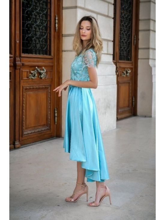 Rochie Kelly aqua din satin cu cadere cu aplicatii tull brodat #3