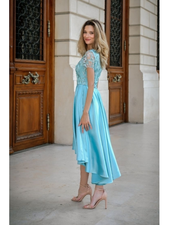 Rochie Kelly aqua din satin cu cadere cu aplicatii tull brodat #4