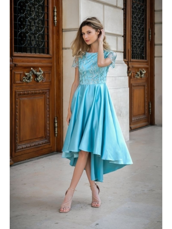 Rochie Kelly aqua din satin cu cadere cu aplicatii tull brodat #5