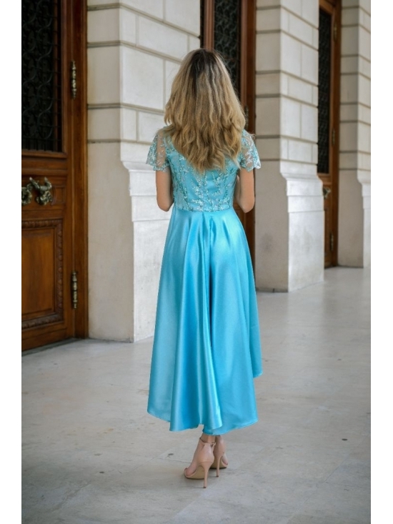 Rochie Kelly aqua din satin cu cadere cu aplicatii tull brodat #6