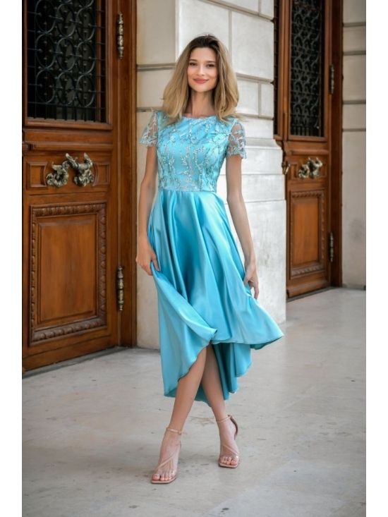 Rochie Kelly aqua din satin cu cadere cu aplicatii tull brodat