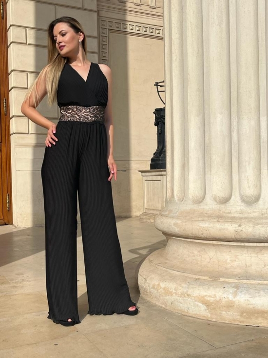 Salopeta Adara neagra din voal plisat cu aplicatie pe talie #2