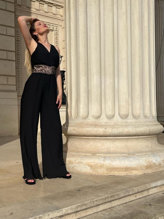 Salopeta Adara neagra din voal plisat cu aplicatie pe talie #3