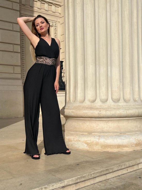 Salopeta Adara neagra din voal plisat cu aplicatie pe talie #4