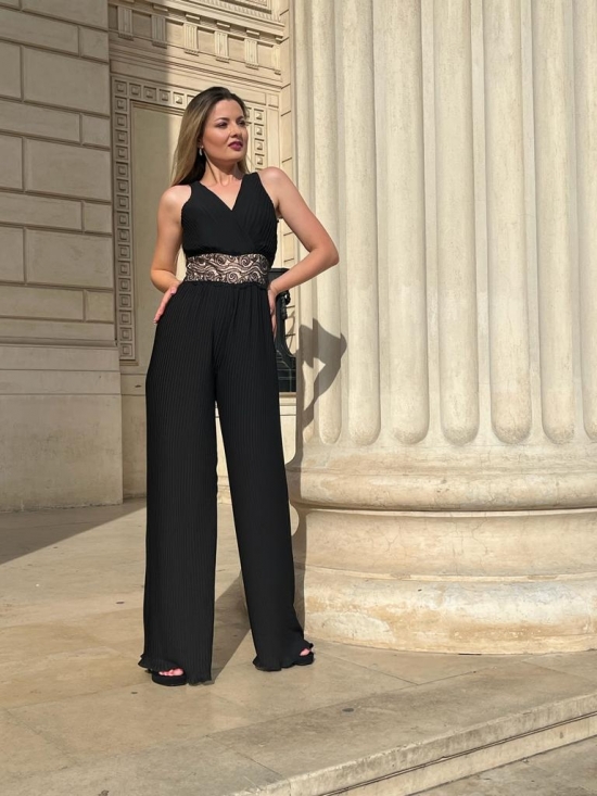 Salopeta Adara neagra din voal plisat cu aplicatie pe talie #5