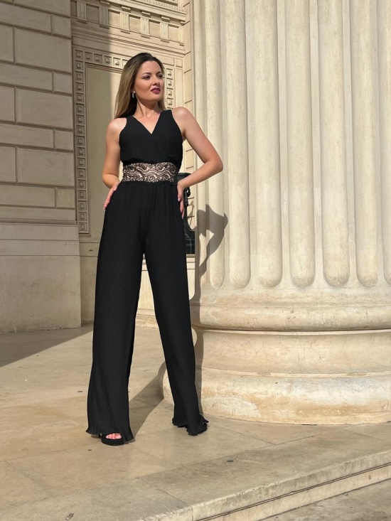 Salopeta Adara neagra din voal plisat cu aplicatie pe talie #6