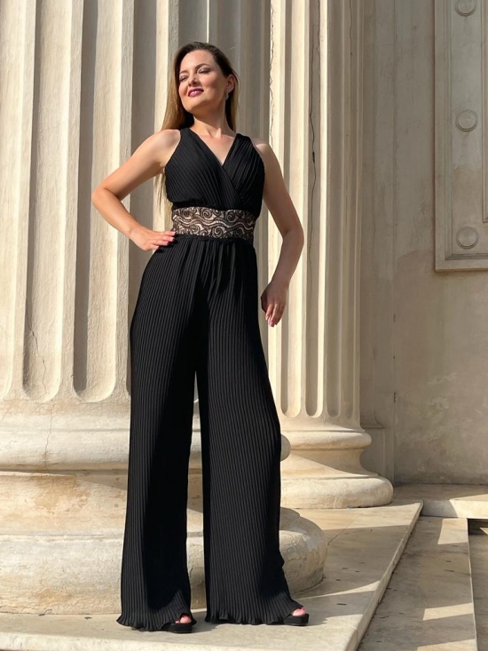 Salopeta Adara neagra din voal plisat cu aplicatie pe talie #7