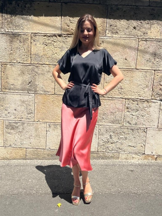 Fusta Lyra midi roz din satin #2