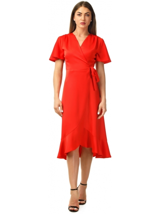 Rochie Albona rosie midi parte peste parte
