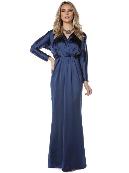 Rochie Mariola bleumarin din satin cu cadere