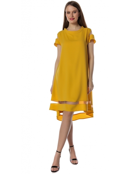 Rochie Queen galbena – asimetrica, cu aplicatie tull, crep fluid soft-touch