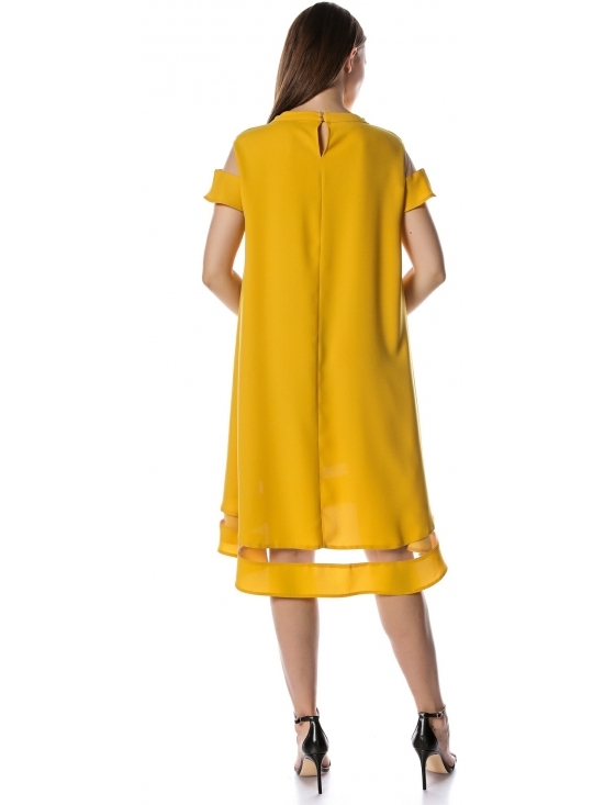 Rochie Queen galbena – asimetrica, cu aplicatie tull, crep fluid soft-touch #3