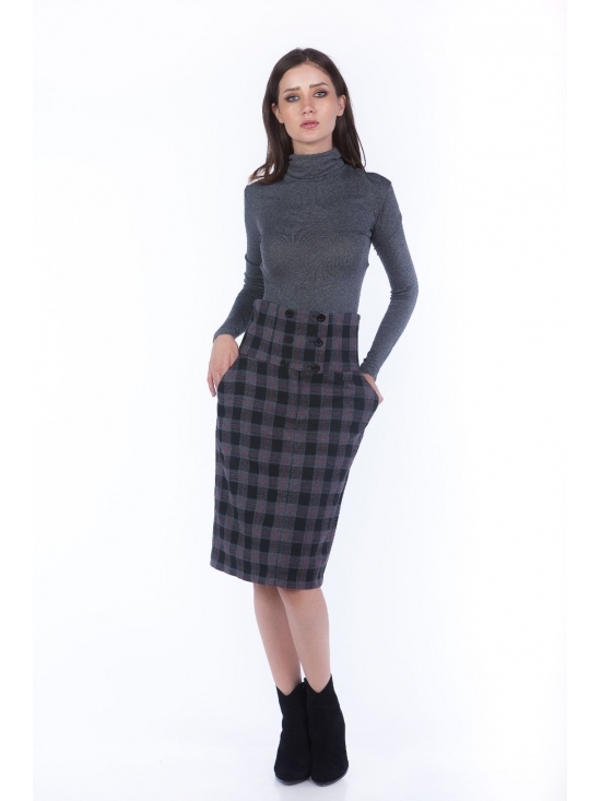 Fusta Bavaria gri-rosie cu carouri