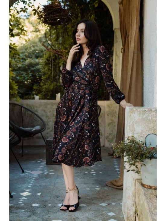 Rochie Lilette imprimata negru-caramiziu din vascoza 100%